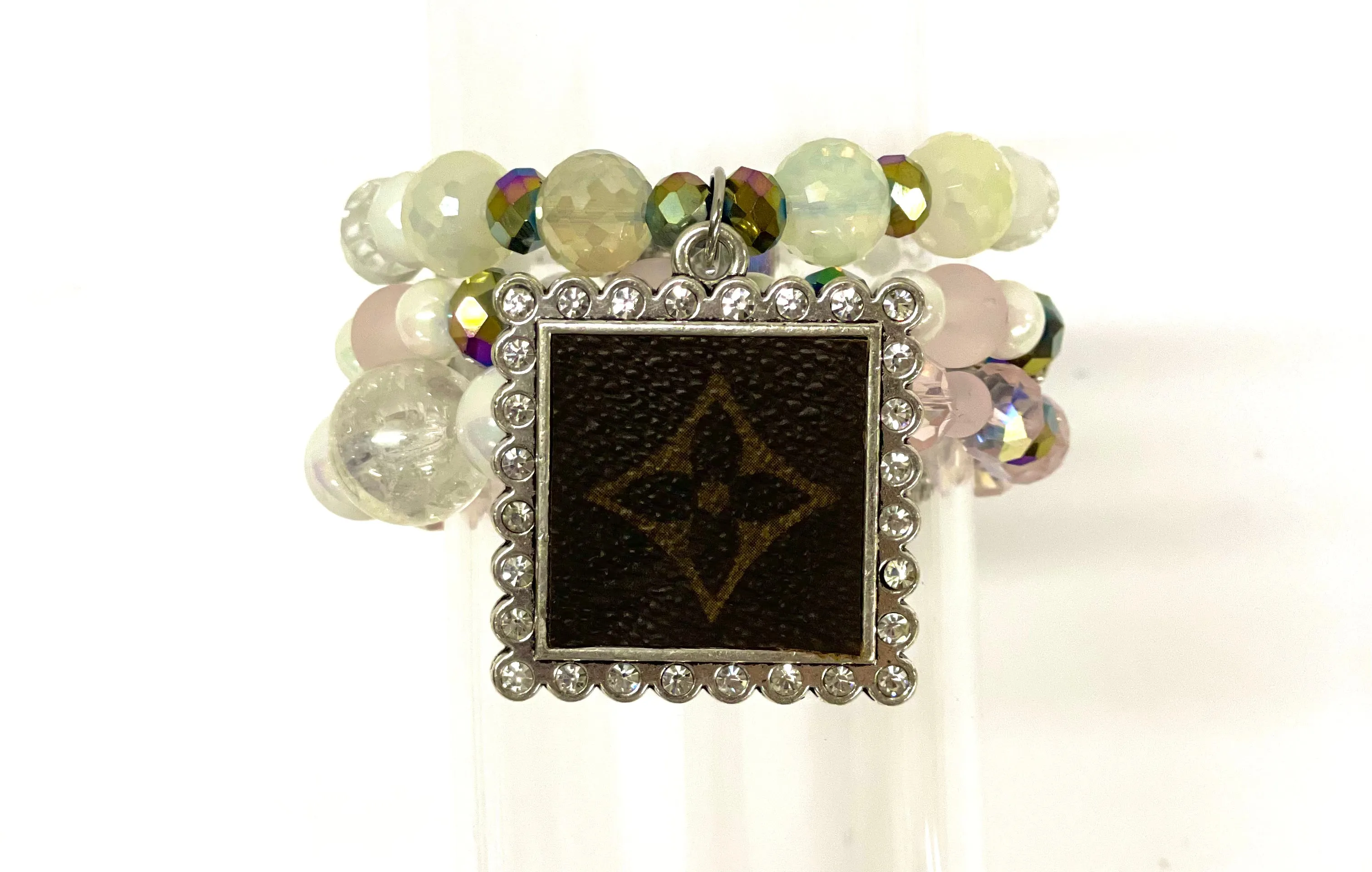 Hand beaded bracelet set iridescent, pink, clear with square silver pendant