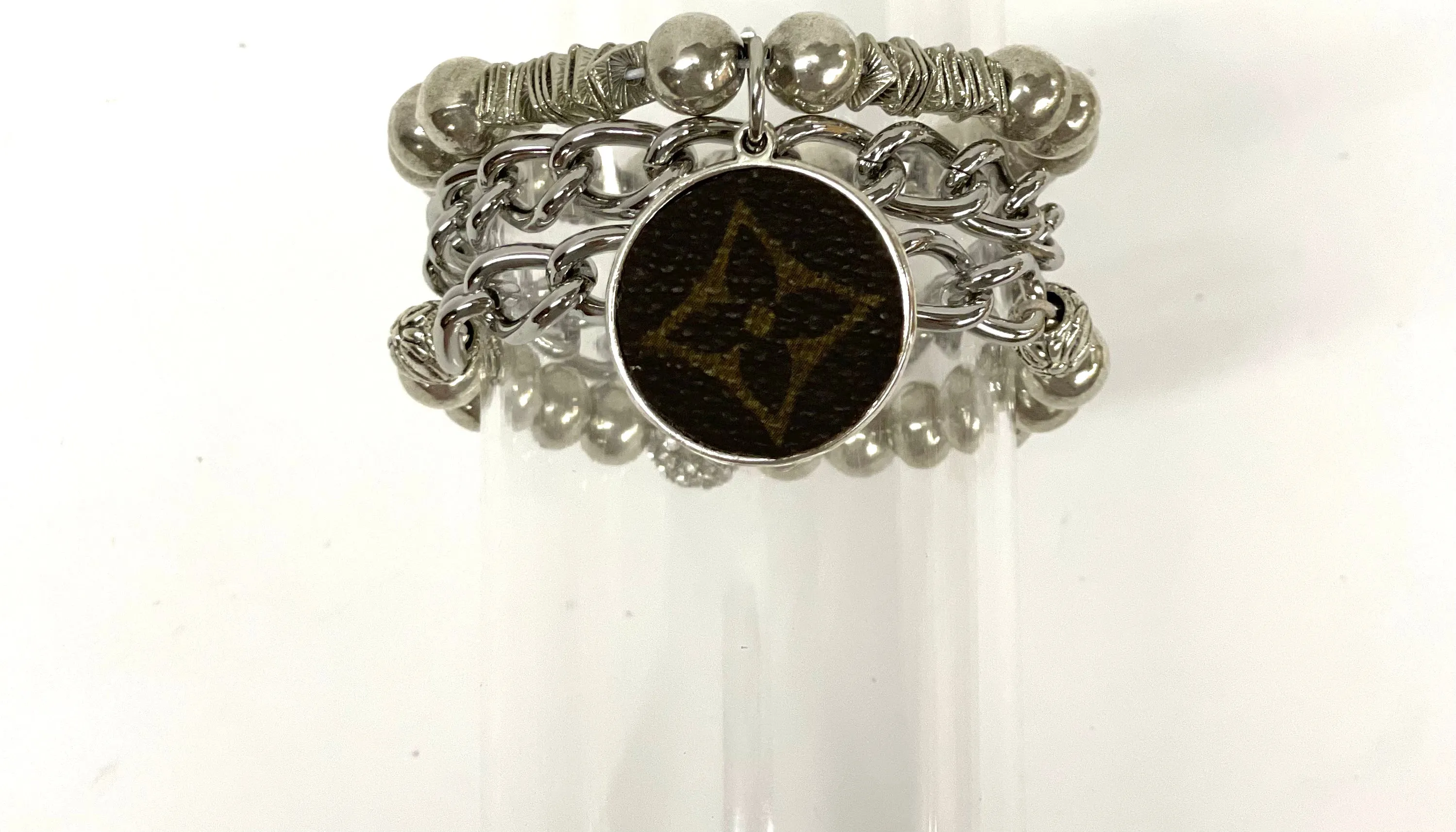 Hand beaded bracelet set  silver with silver pendant
