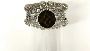 Hand beaded bracelet set  silver with silver pendant