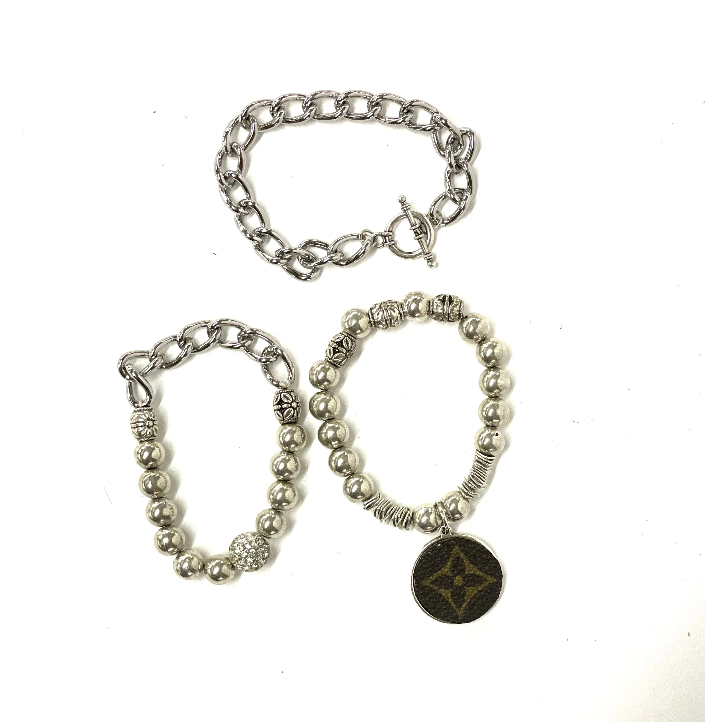 Hand beaded bracelet set  silver with silver pendant