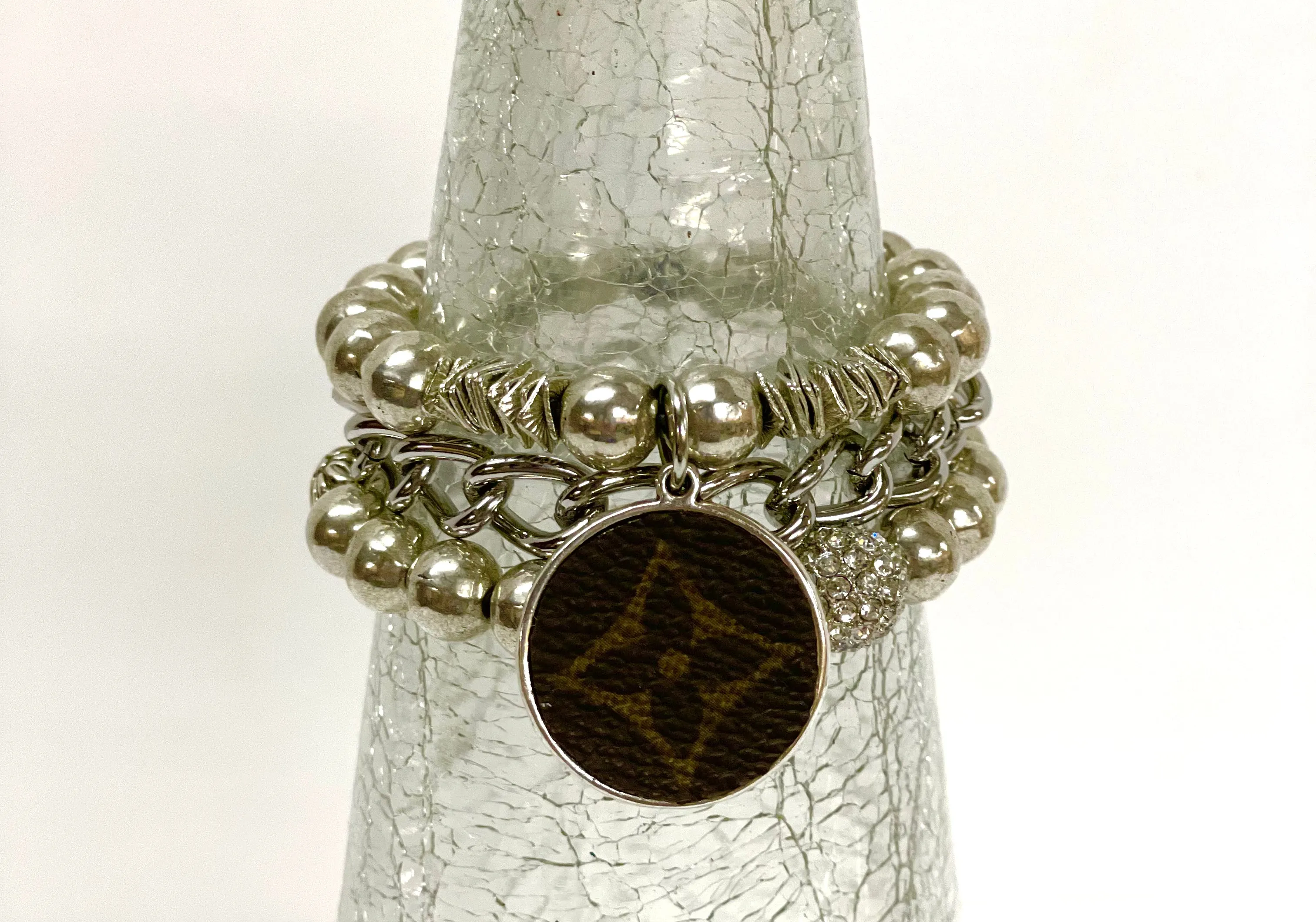 Hand beaded bracelet set  silver with silver pendant