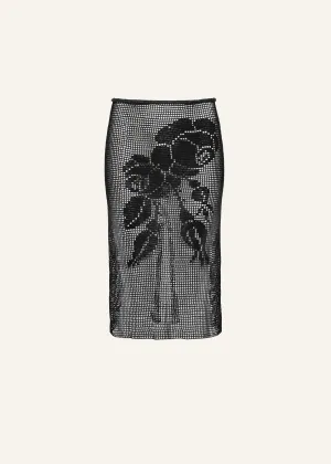 Lace-print crochet midi skirt in black
