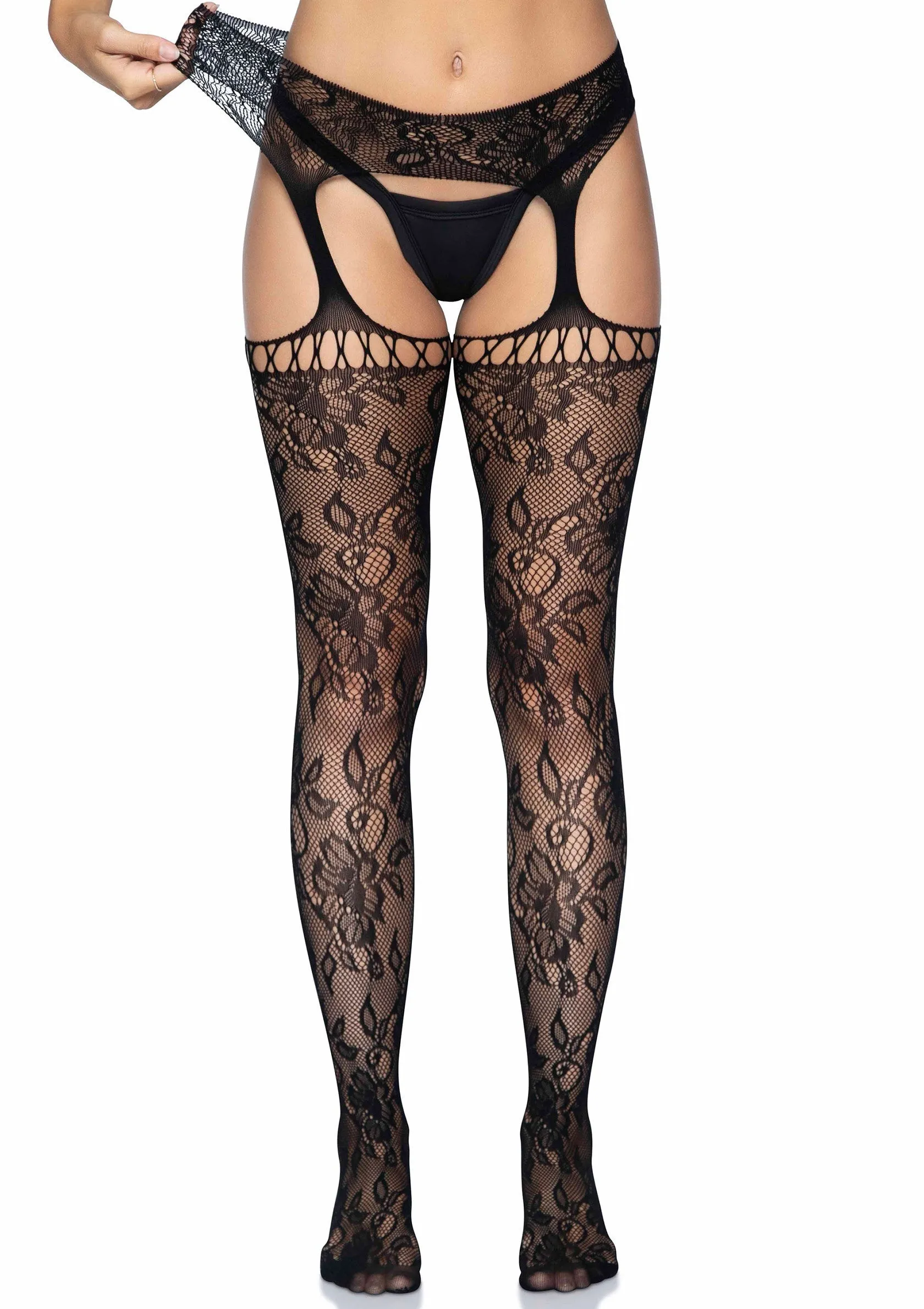 Lace Stockings with  Attached Garter Belt