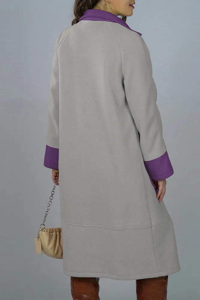 Lapel Collar Contrast Color Pockets Long Length Woolen Winter Outfits Coat