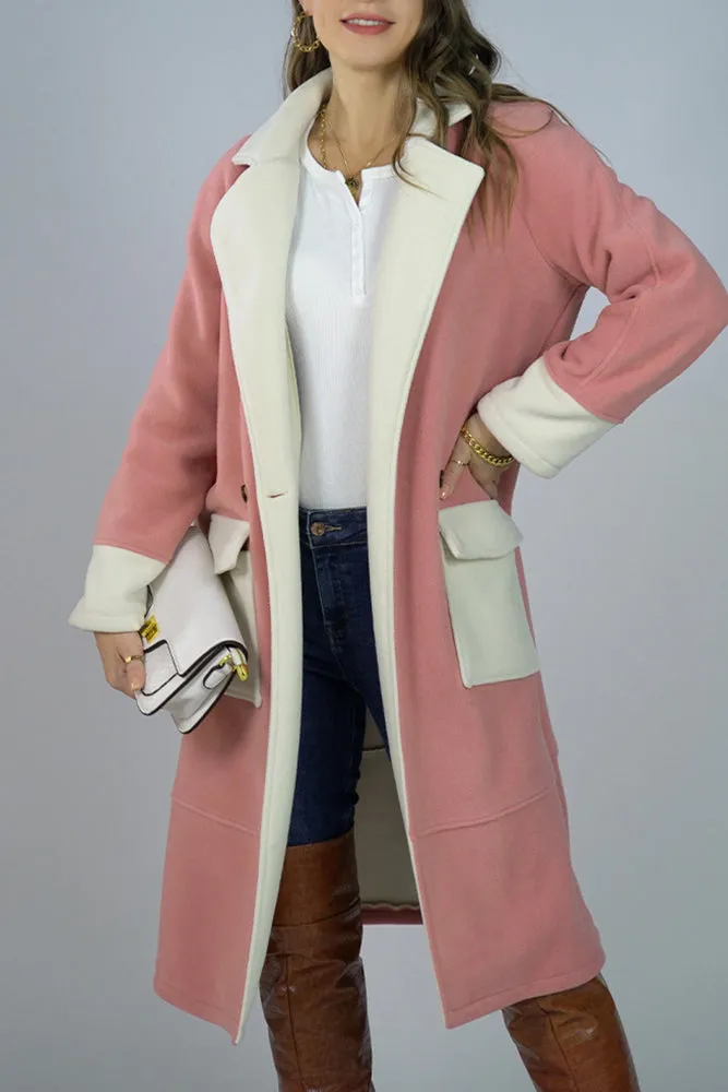 Lapel Collar Contrast Color Pockets Long Length Woolen Winter Outfits Coat