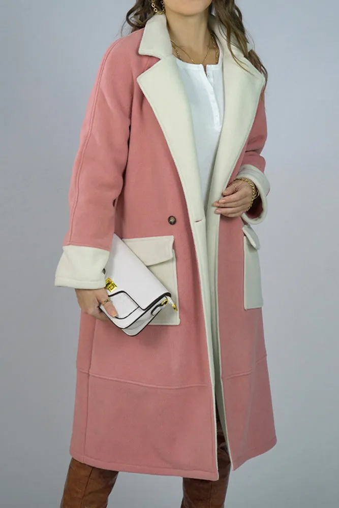 Lapel Collar Contrast Color Pockets Long Length Woolen Winter Outfits Coat