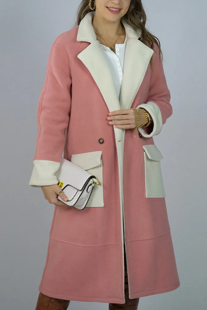 Lapel Collar Contrast Color Pockets Long Length Woolen Winter Outfits Coat