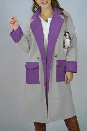 Lapel Collar Contrast Color Pockets Long Length Woolen Winter Outfits Coat