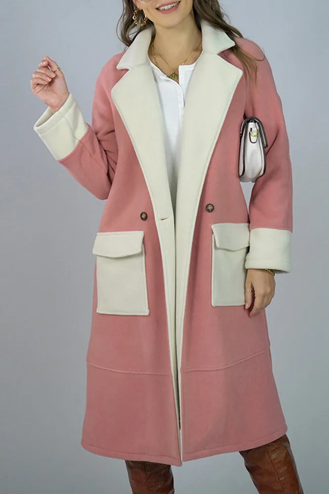 Lapel Collar Contrast Color Pockets Long Length Woolen Winter Outfits Coat