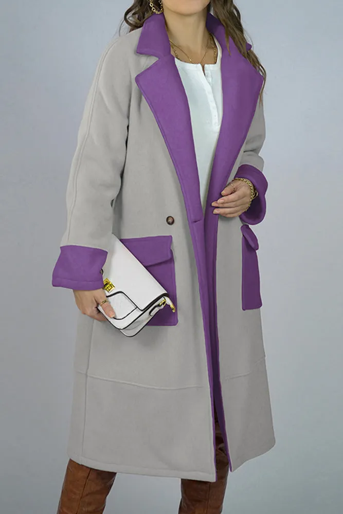 Lapel Collar Contrast Color Pockets Long Length Woolen Winter Outfits Coat