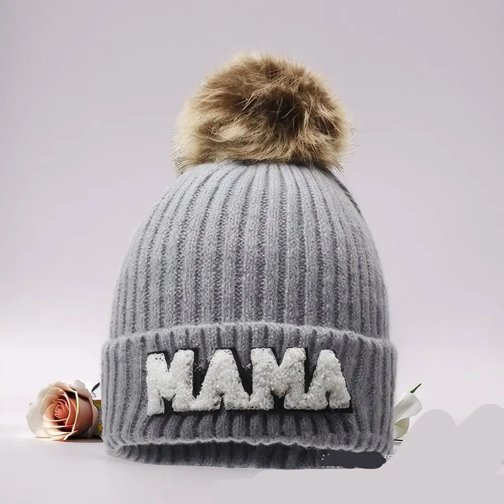 Letter MAMA wool hat winter European and American outdoor ski wool ball knitted hat warm hat