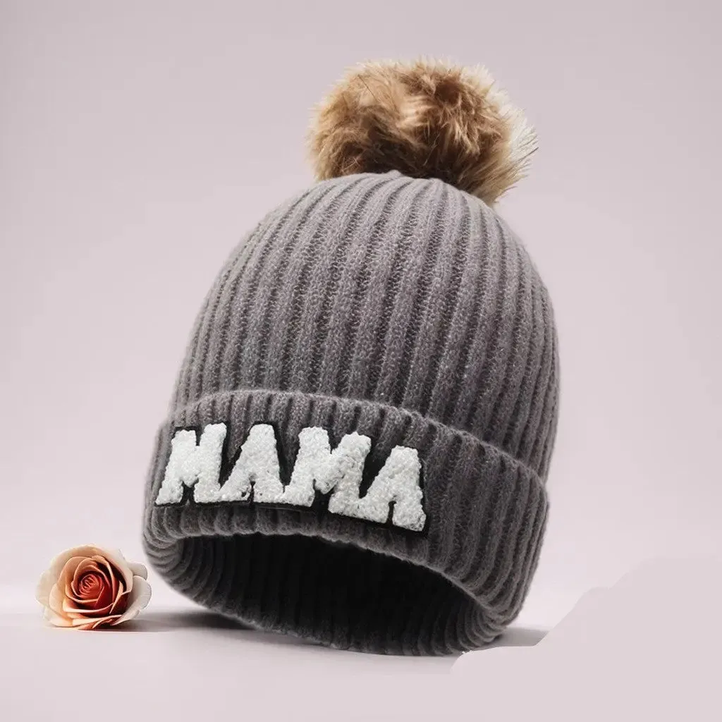 Letter MAMA wool hat winter European and American outdoor ski wool ball knitted hat warm hat
