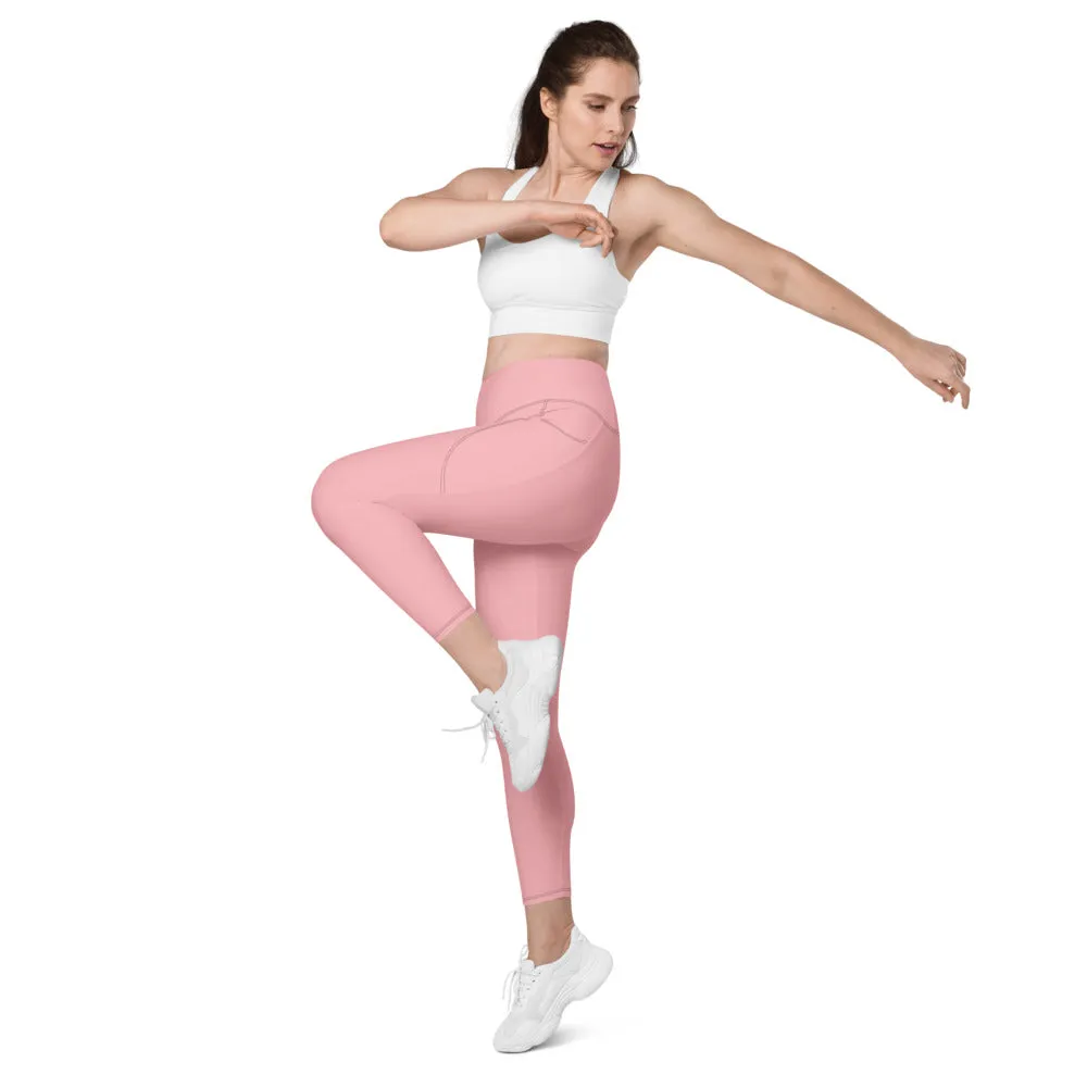 Light Pink Women's Tights, Solid Color Best Yoga Pants With 2 Side Deep Long Pockets - Made in USA/EU/MX (US Size: 2XS-6XL)
