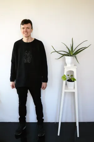 Long and Super Warm Black Unisex Statement Sweater with Lucky Cat - Maneki-Neko Print