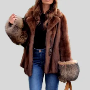 Luxury Fashion Mink Fur  With Fox Cuff Coat