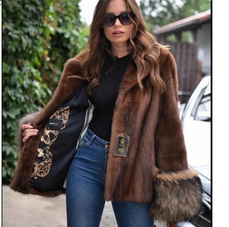Luxury Fashion Mink Fur  With Fox Cuff Coat