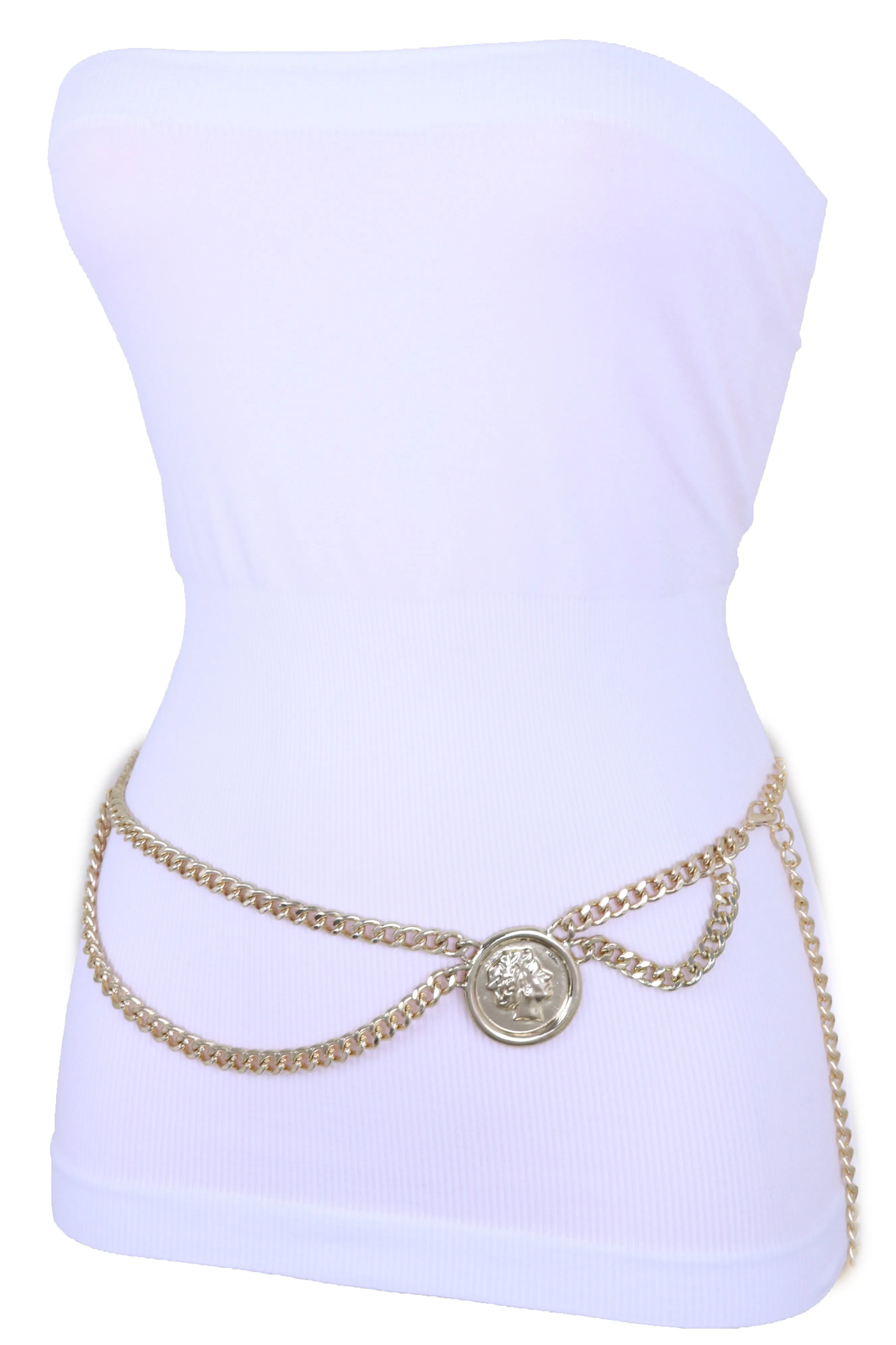 Medallion Coin Charm Side Wave Gold Metal Chain Belt