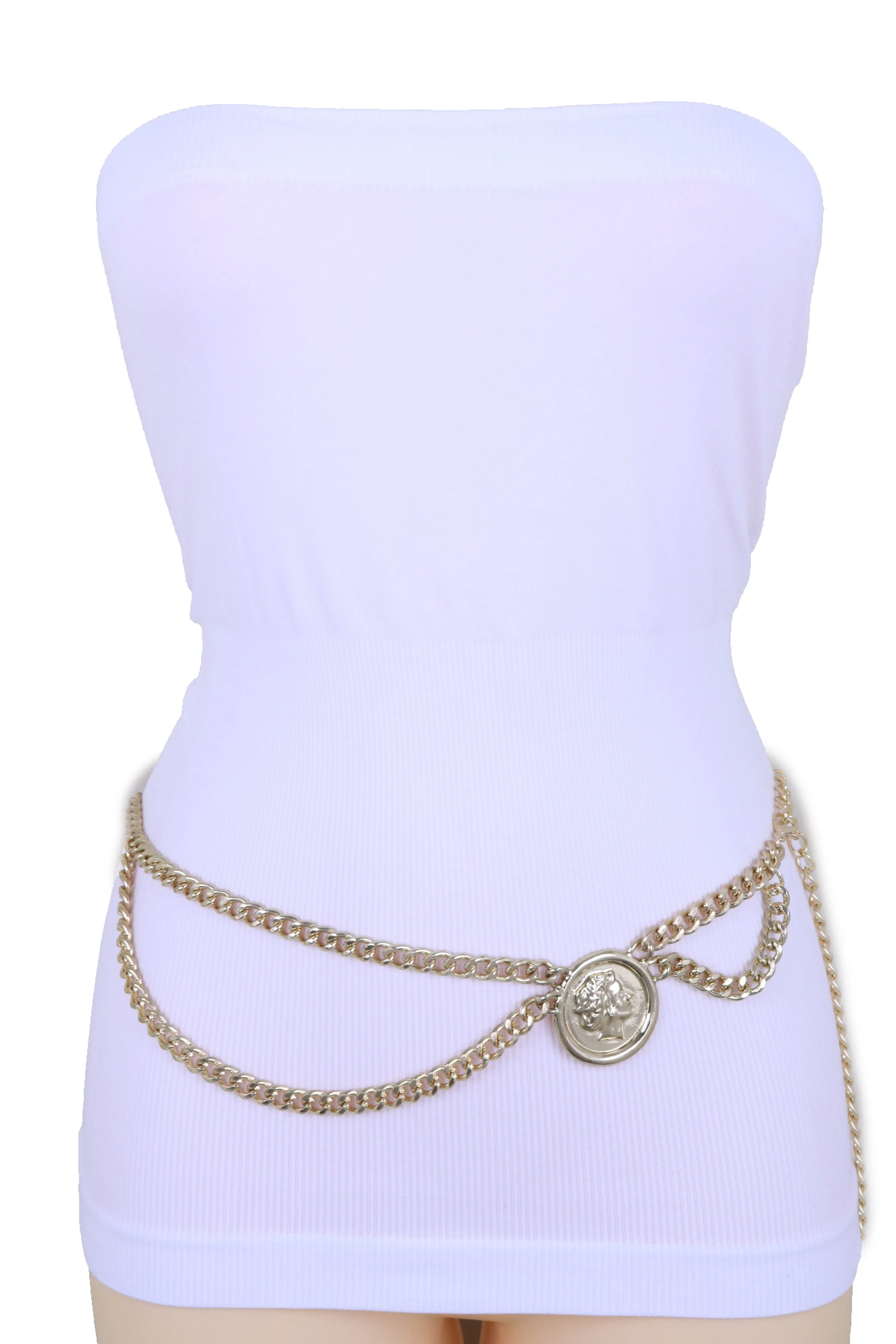 Medallion Coin Charm Side Wave Gold Metal Chain Belt