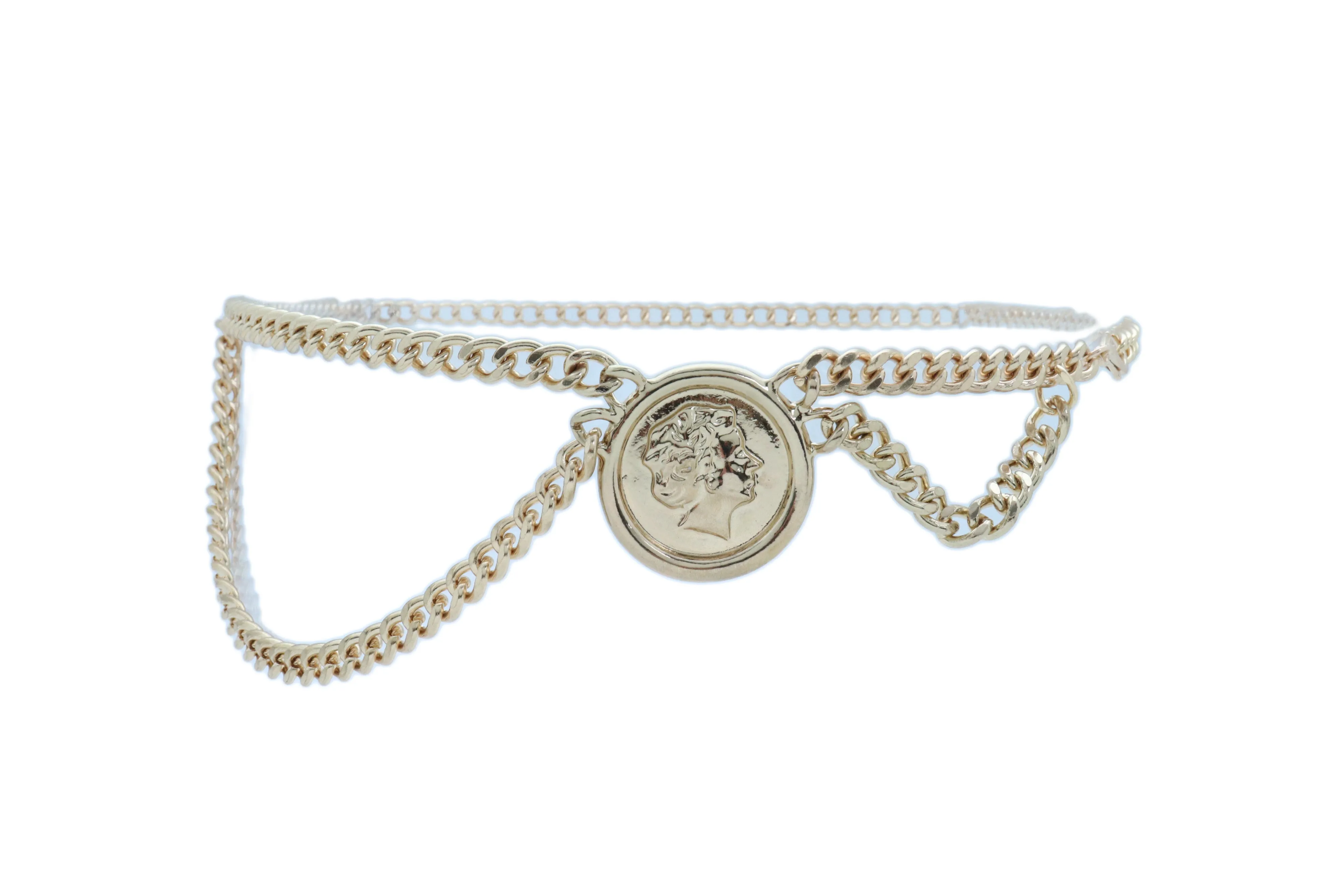 Medallion Coin Charm Side Wave Gold Metal Chain Belt
