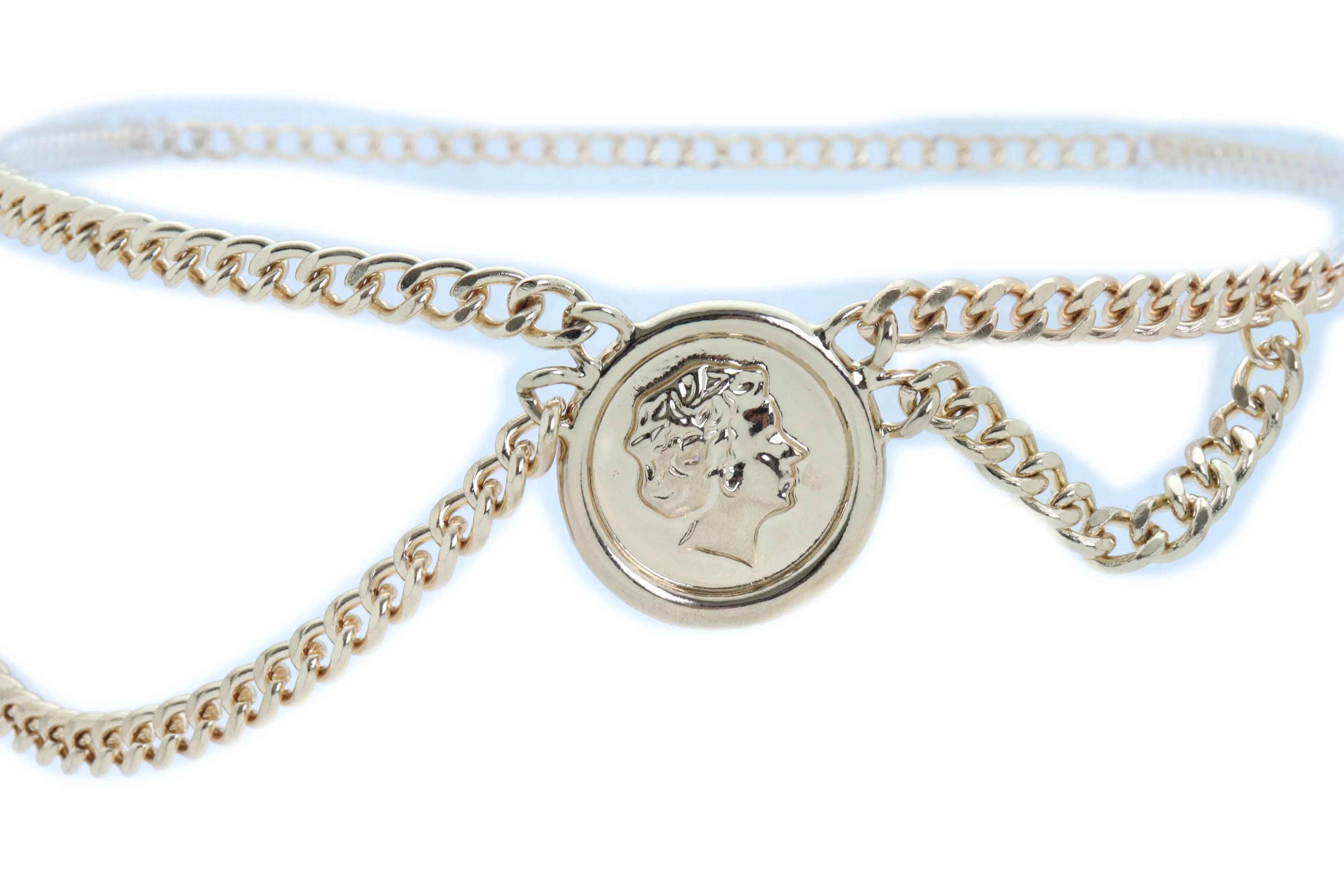 Medallion Coin Charm Side Wave Gold Metal Chain Belt