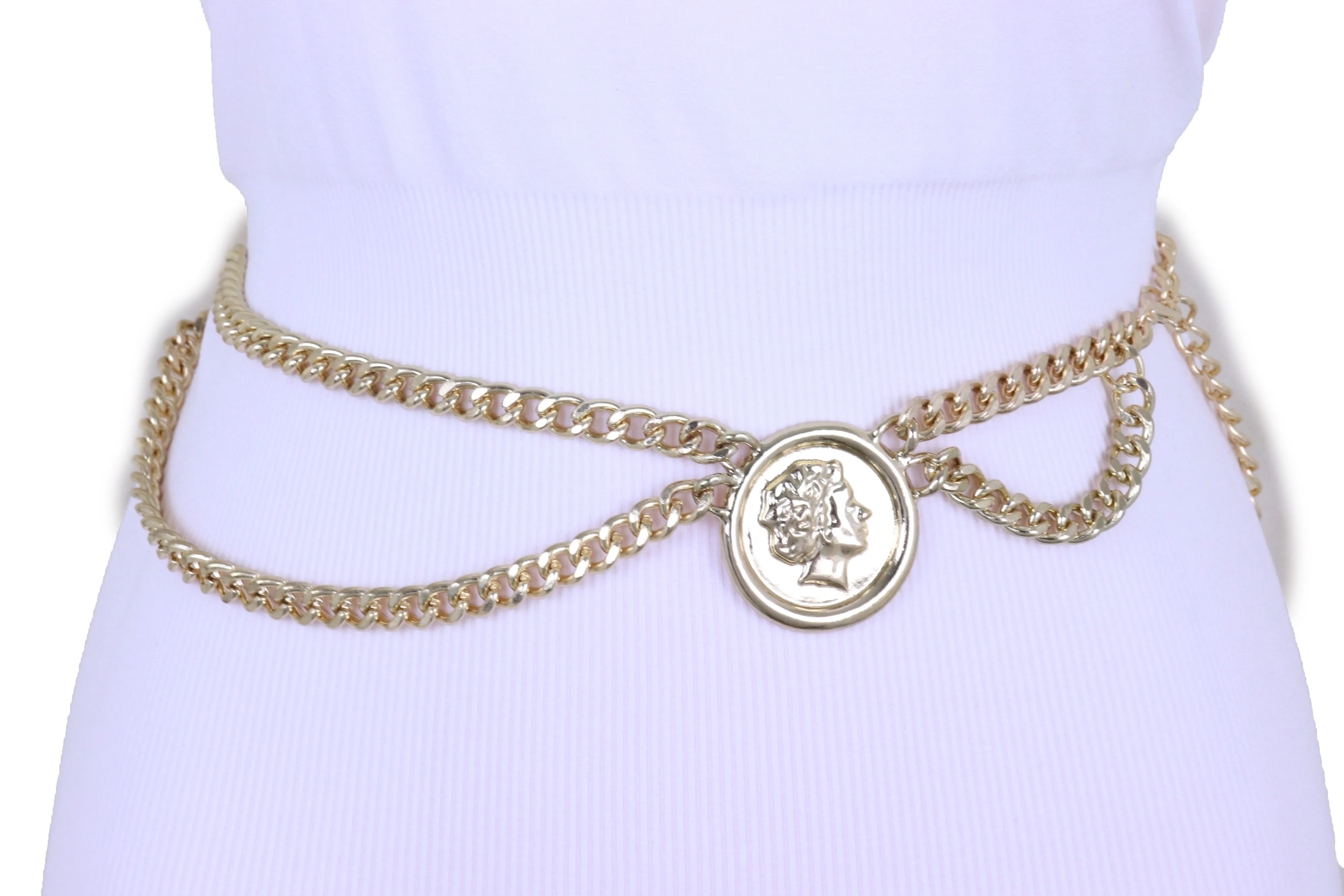 Medallion Coin Charm Side Wave Gold Metal Chain Belt