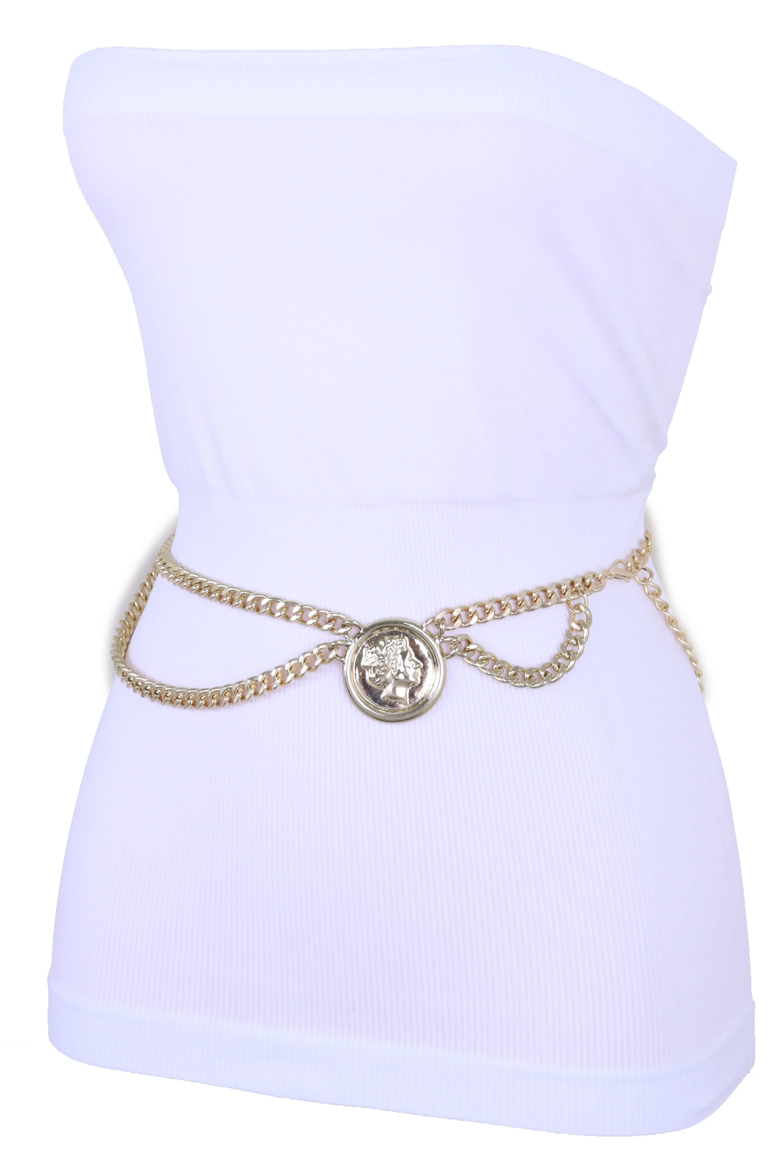 Medallion Coin Charm Side Wave Gold Metal Chain Belt