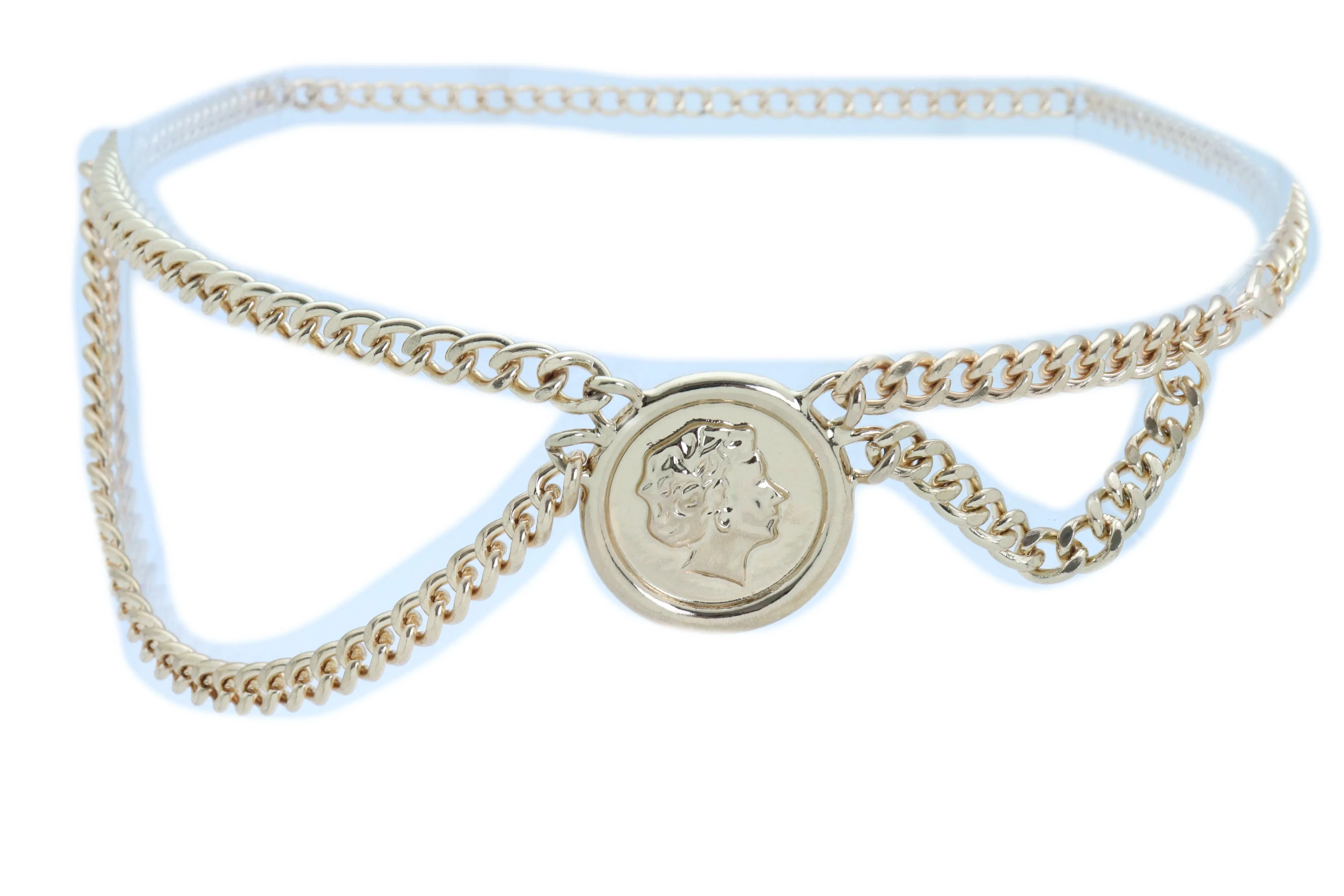 Medallion Coin Charm Side Wave Gold Metal Chain Belt