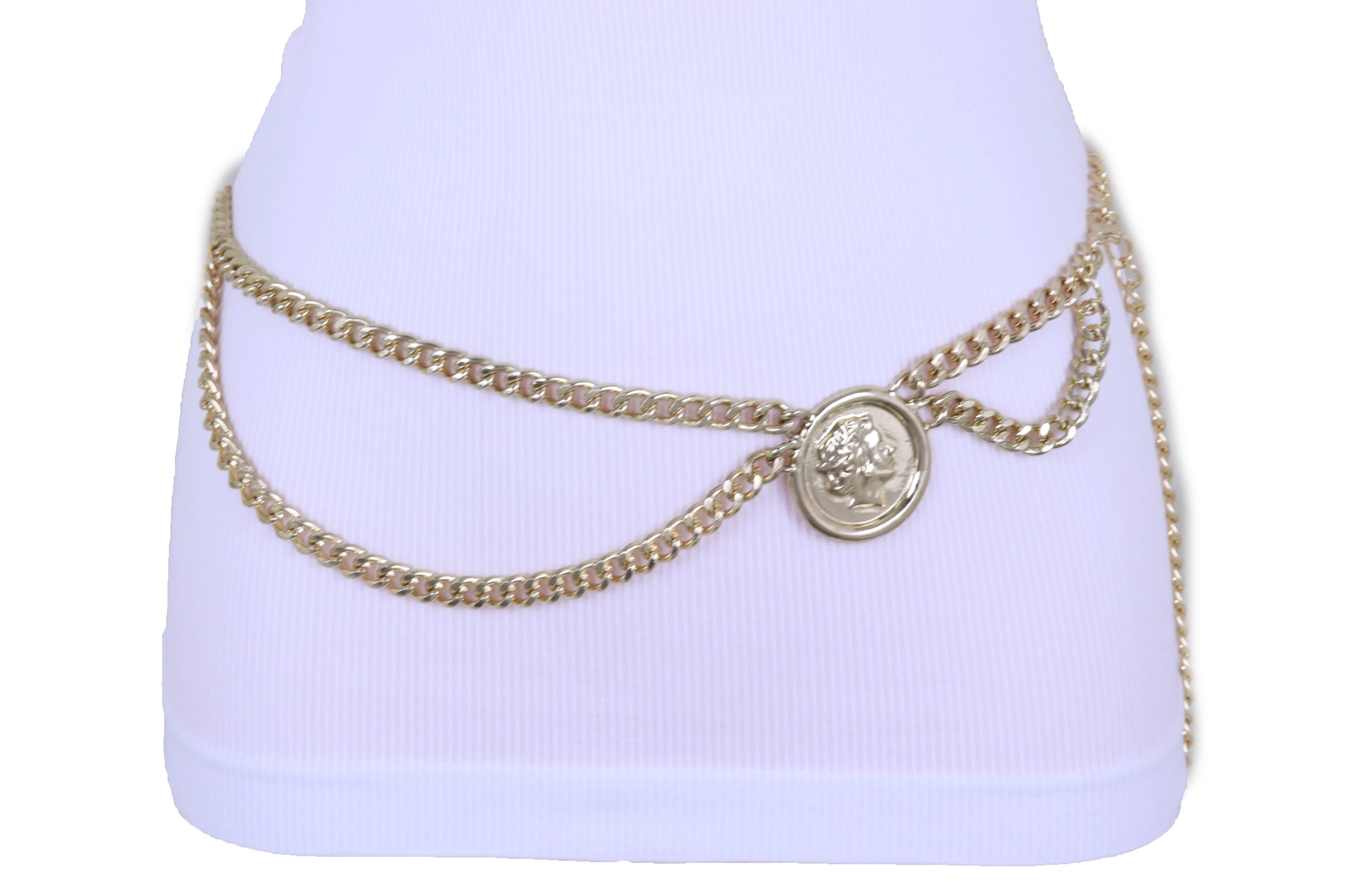 Medallion Coin Charm Side Wave Gold Metal Chain Belt