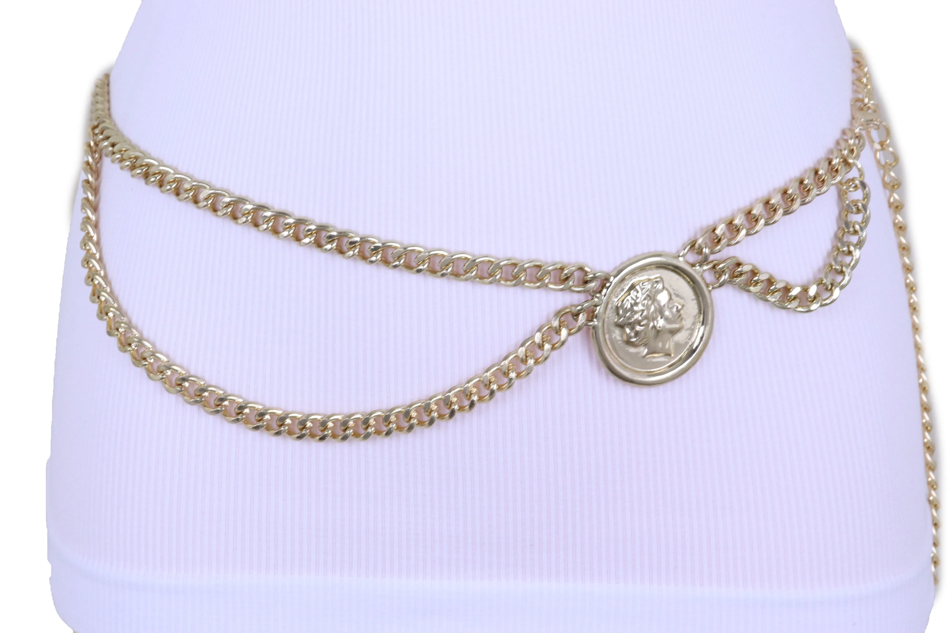 Medallion Coin Charm Side Wave Gold Metal Chain Belt