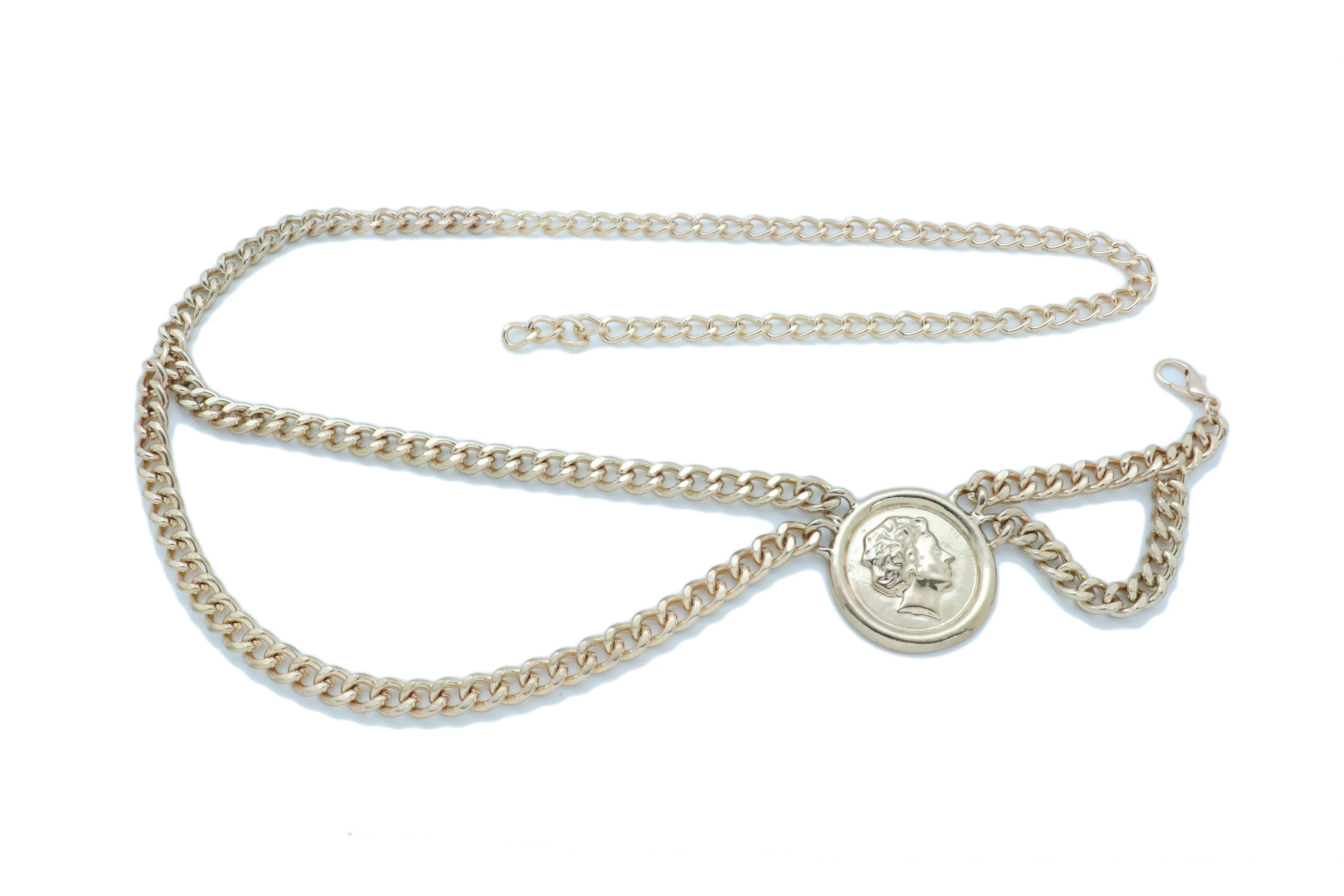 Medallion Coin Charm Side Wave Gold Metal Chain Belt