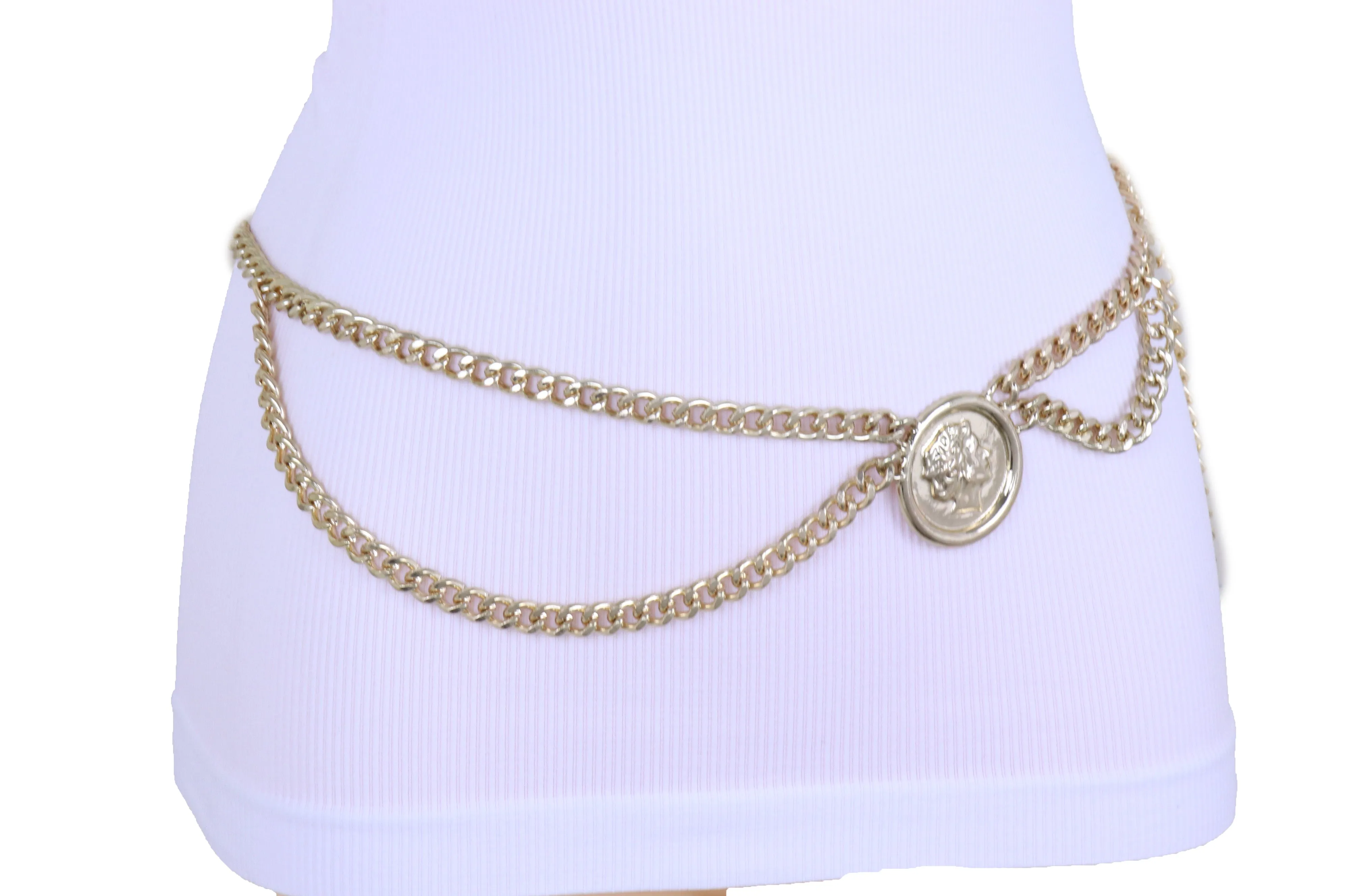 Medallion Coin Charm Side Wave Gold Metal Chain Belt