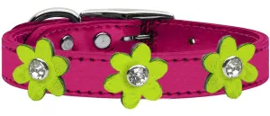 Metallic Flower Leather Collar Metallic Pink With Metallic Lime Green Flowers Size 22
