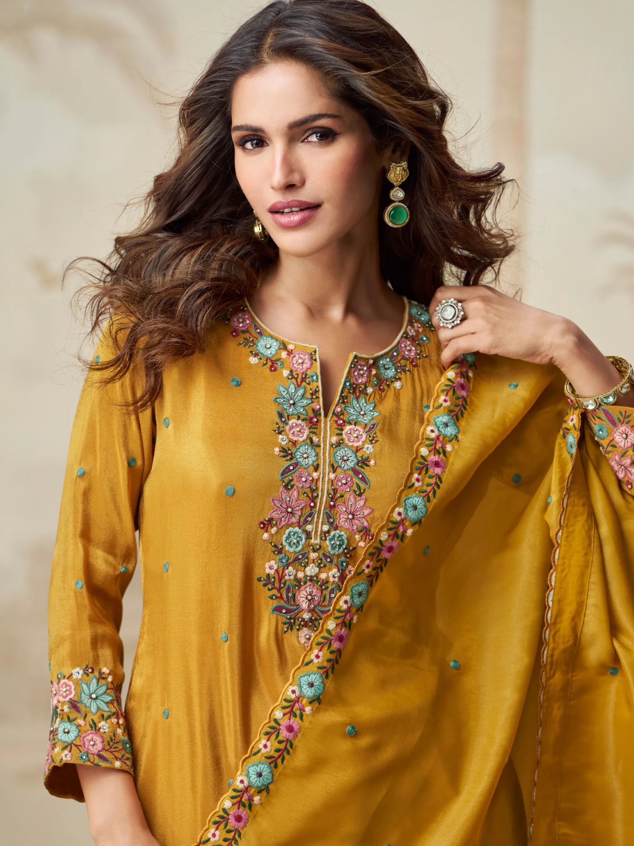 Mustard Yellow Embroidered Palazzo Suit for Women