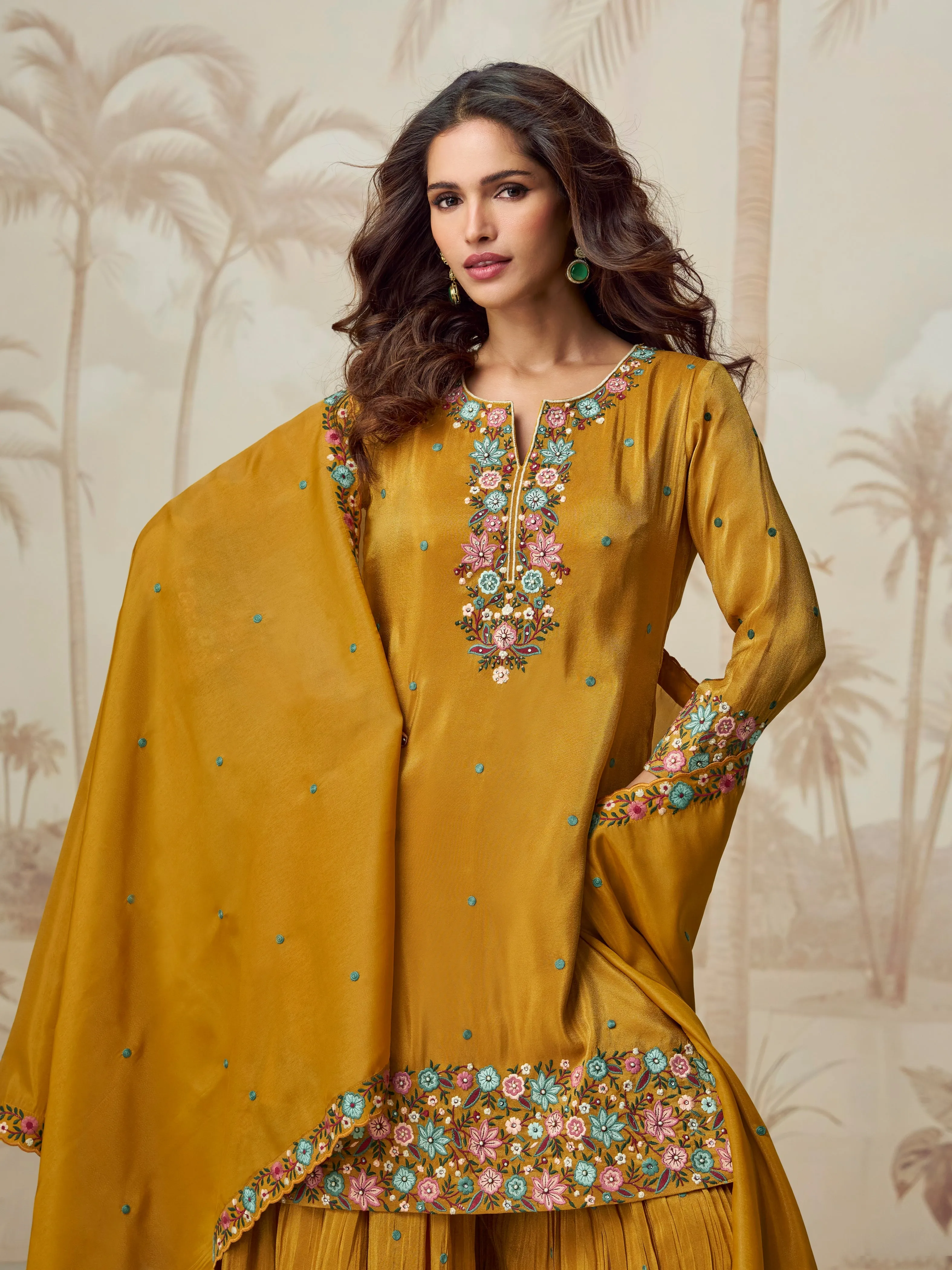 Mustard Yellow Embroidered Palazzo Suit for Women