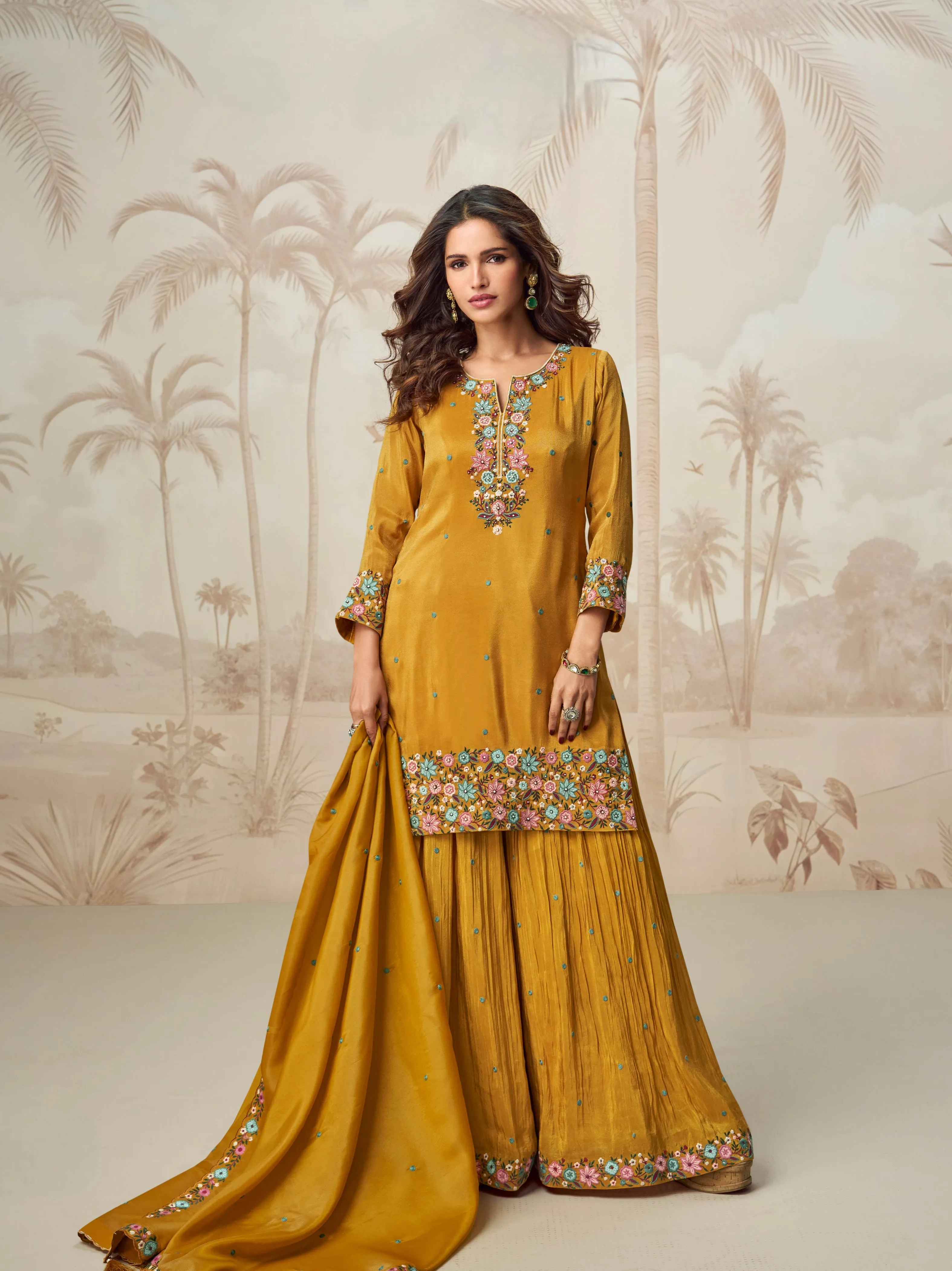Mustard Yellow Embroidered Palazzo Suit for Women