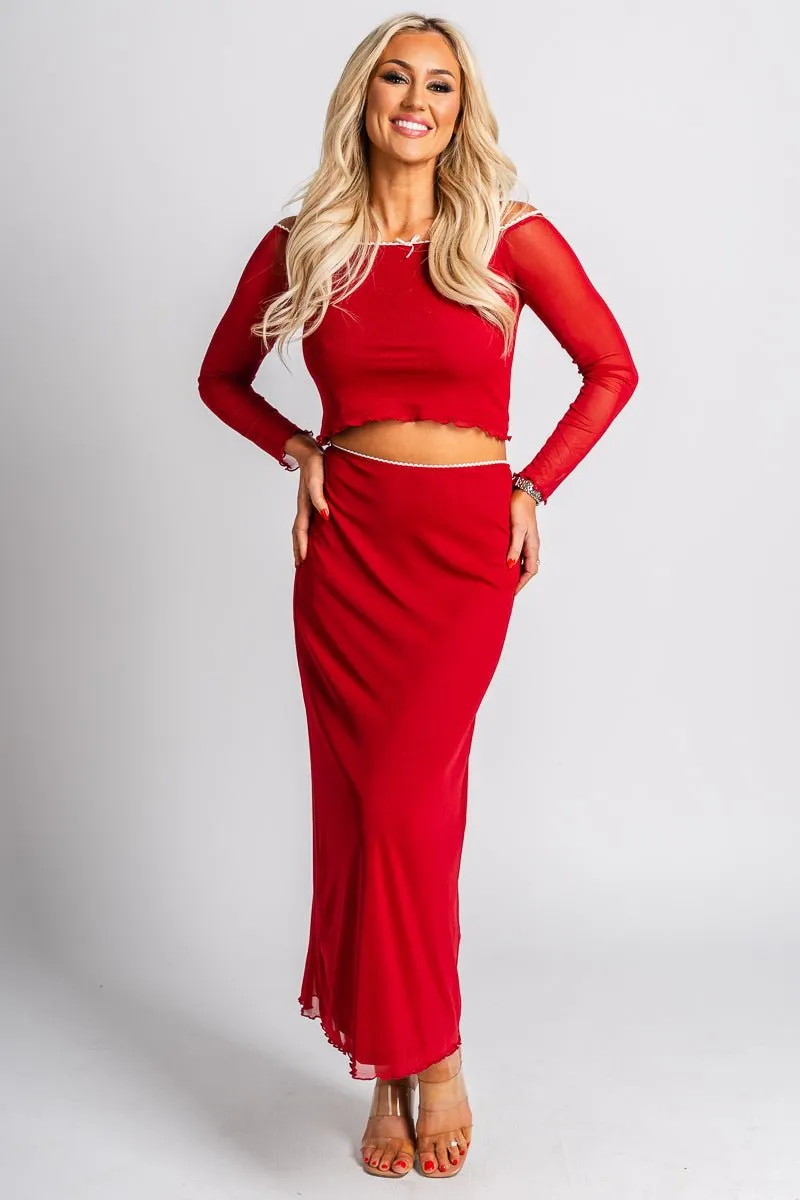 Off shoulder mesh top red