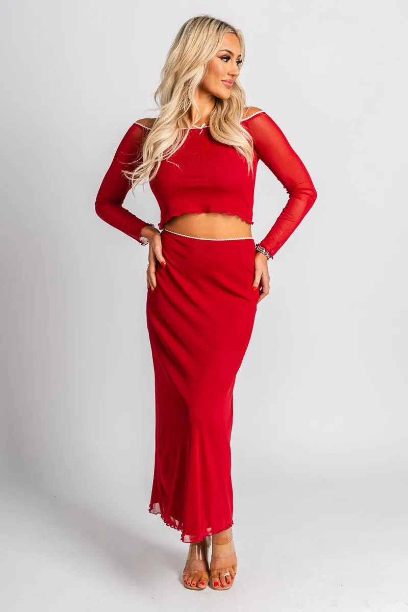 Off shoulder mesh top red
