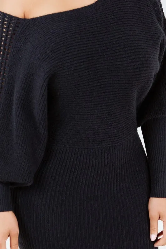Peep Shoulder Flare Sleeve Sweater Dress