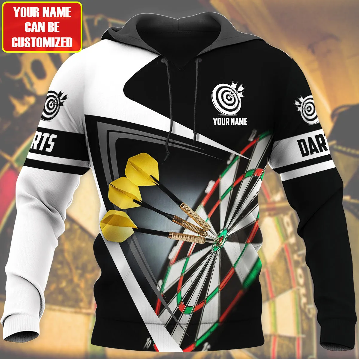 Personalized Name Black and White Darts Player All Over Printed Hoodie Zipper Hoodie Shirt