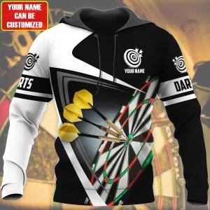Personalized Name Black and White Darts Player All Over Printed Hoodie Zipper Hoodie Shirt