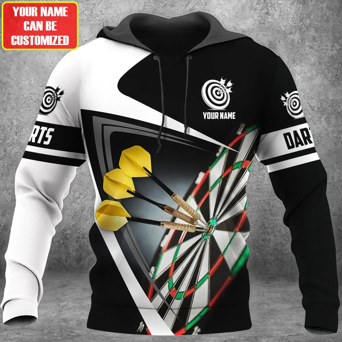 Personalized Name Black and White Darts Player All Over Printed Hoodie Zipper Hoodie Shirt