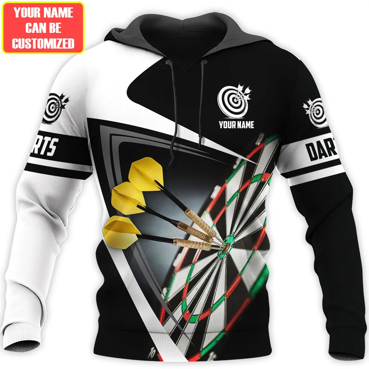 Personalized Name Black and White Darts Player All Over Printed Hoodie Zipper Hoodie Shirt