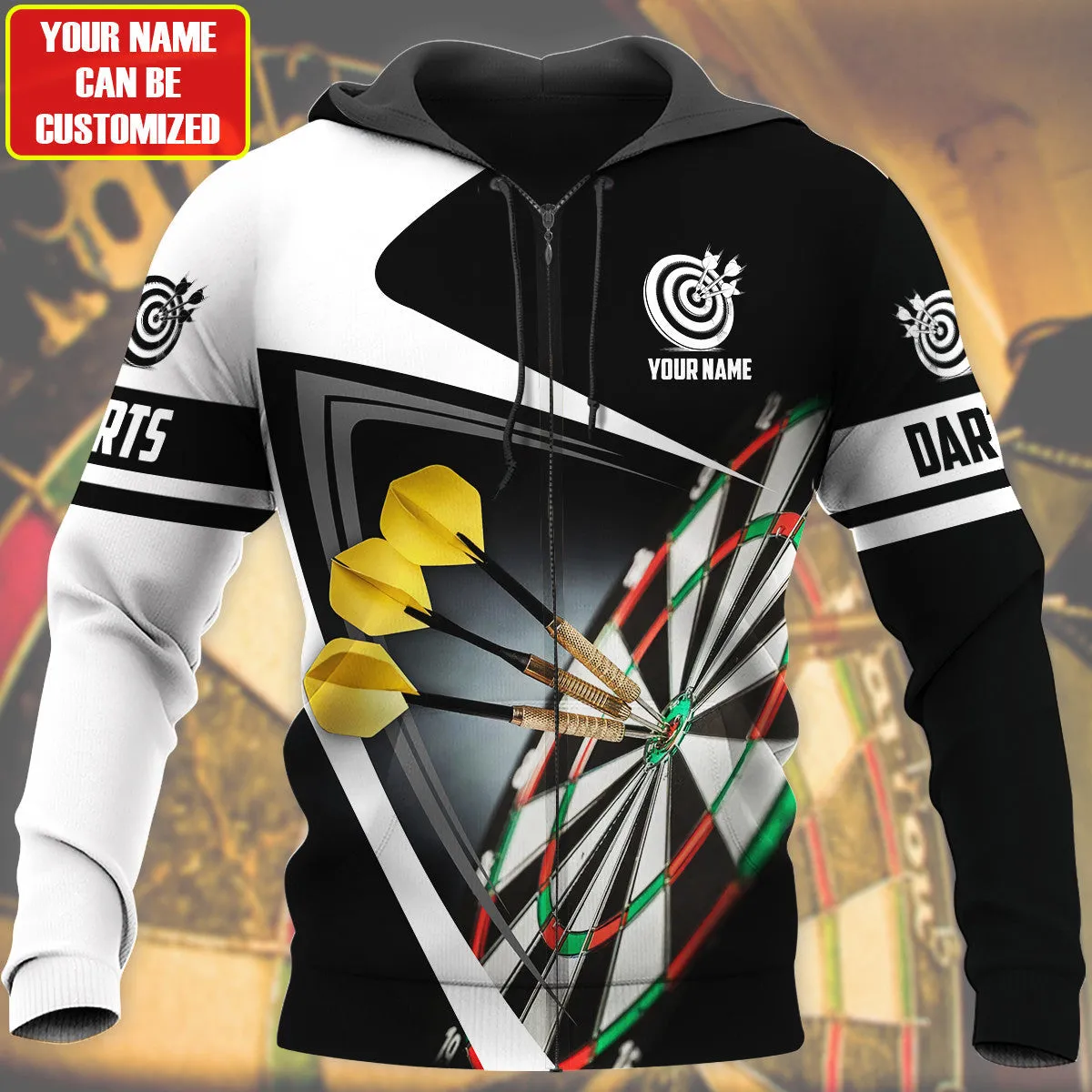 Personalized Name Black and White Darts Player All Over Printed Hoodie Zipper Hoodie Shirt