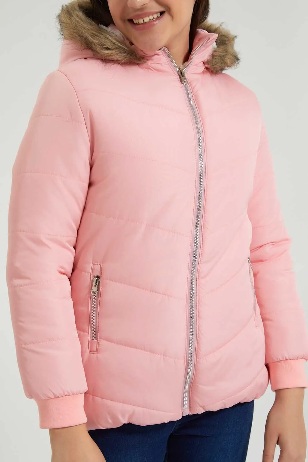 Pink Faux Fur Hooded Padded Jacket