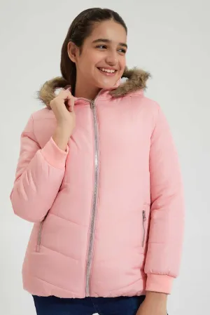 Pink Faux Fur Hooded Padded Jacket
