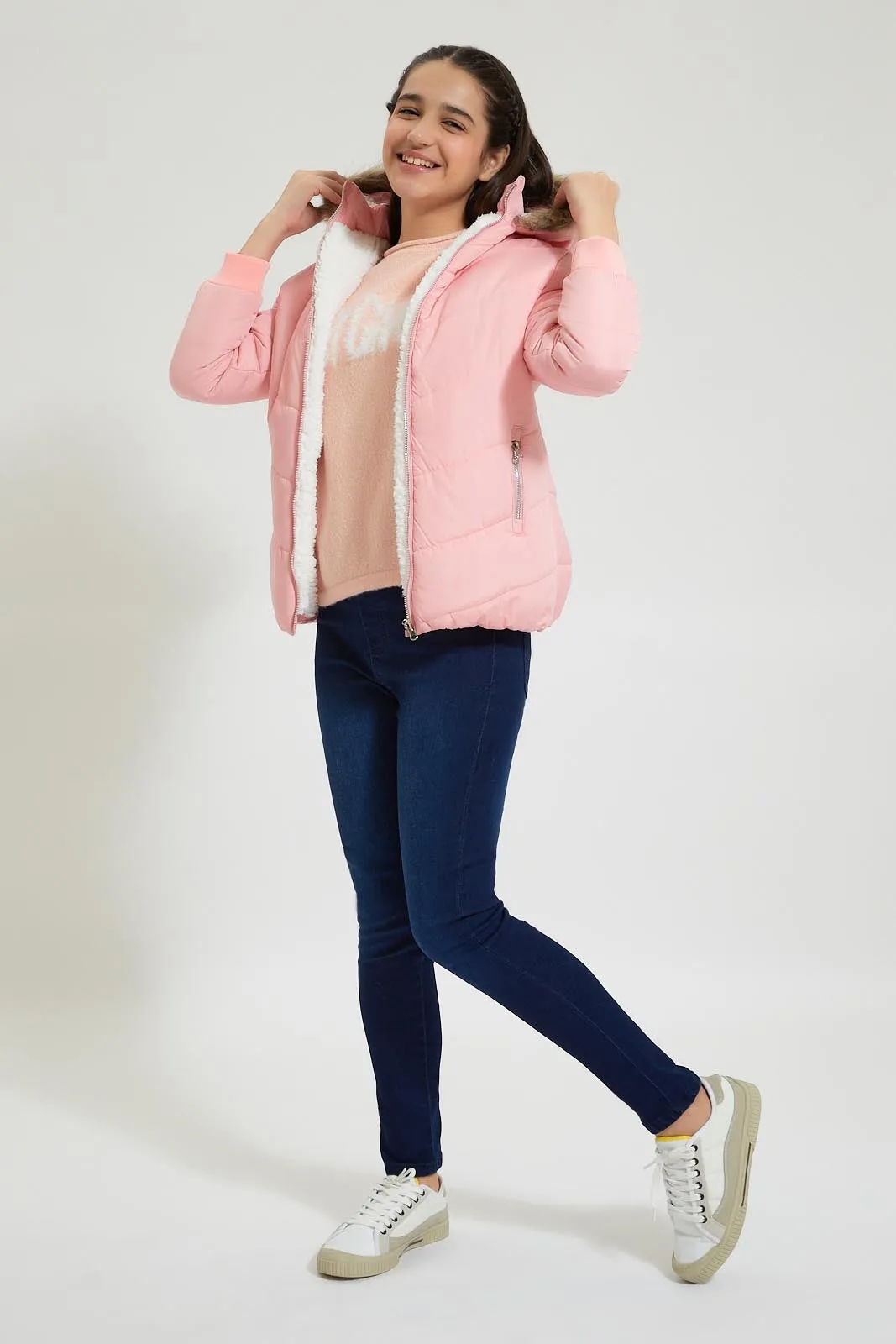 Pink Faux Fur Hooded Padded Jacket