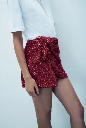 Pippa Sequin Mini Wrap Skirt Red