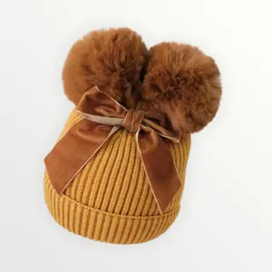 Pom pom & Bow Beanie - Mustard Yellow