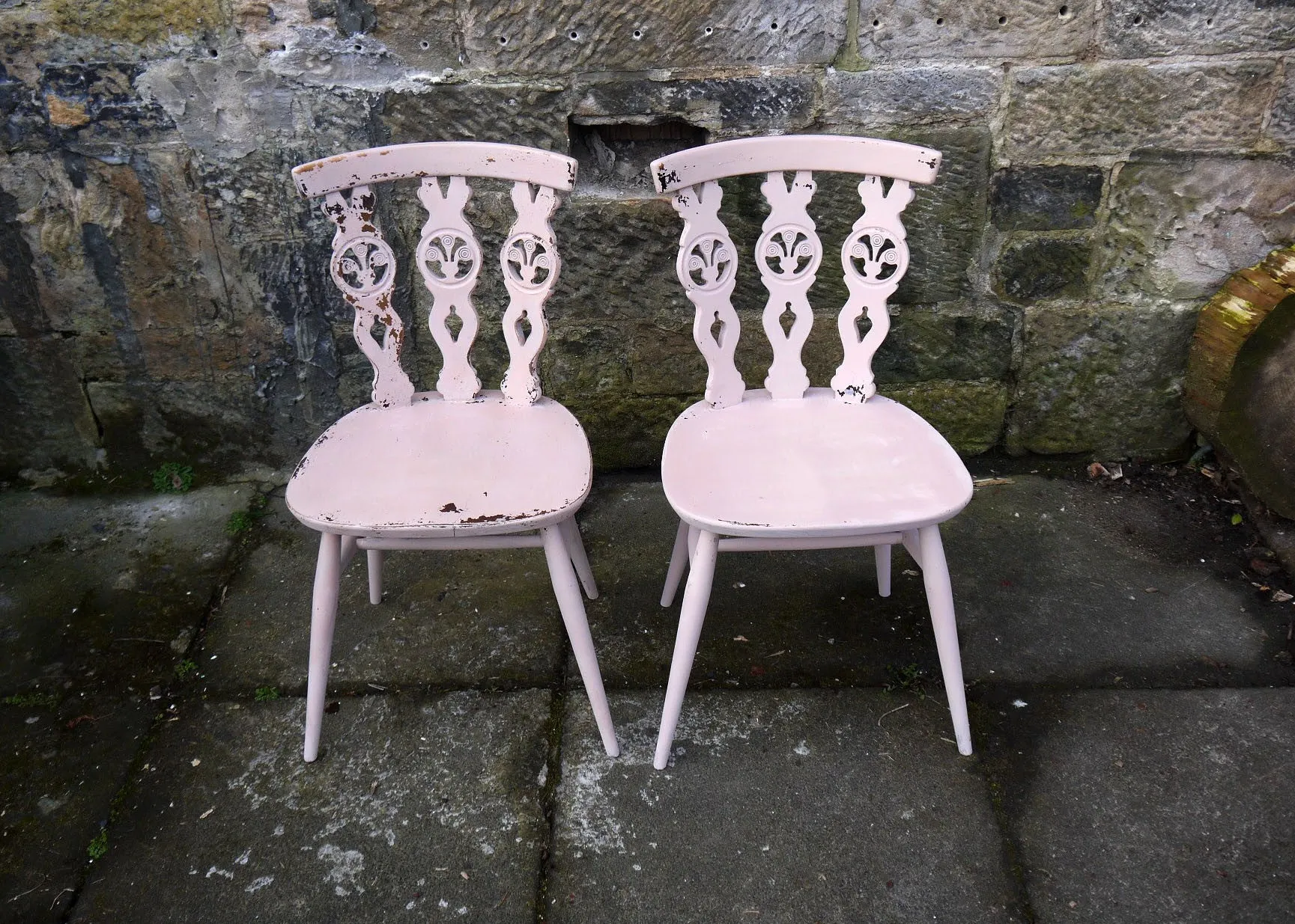 Reserved for Sally .....Set of two Ercol dining chairs are finished in a super chippy Miss Mustard Seed finish in Arabesque
