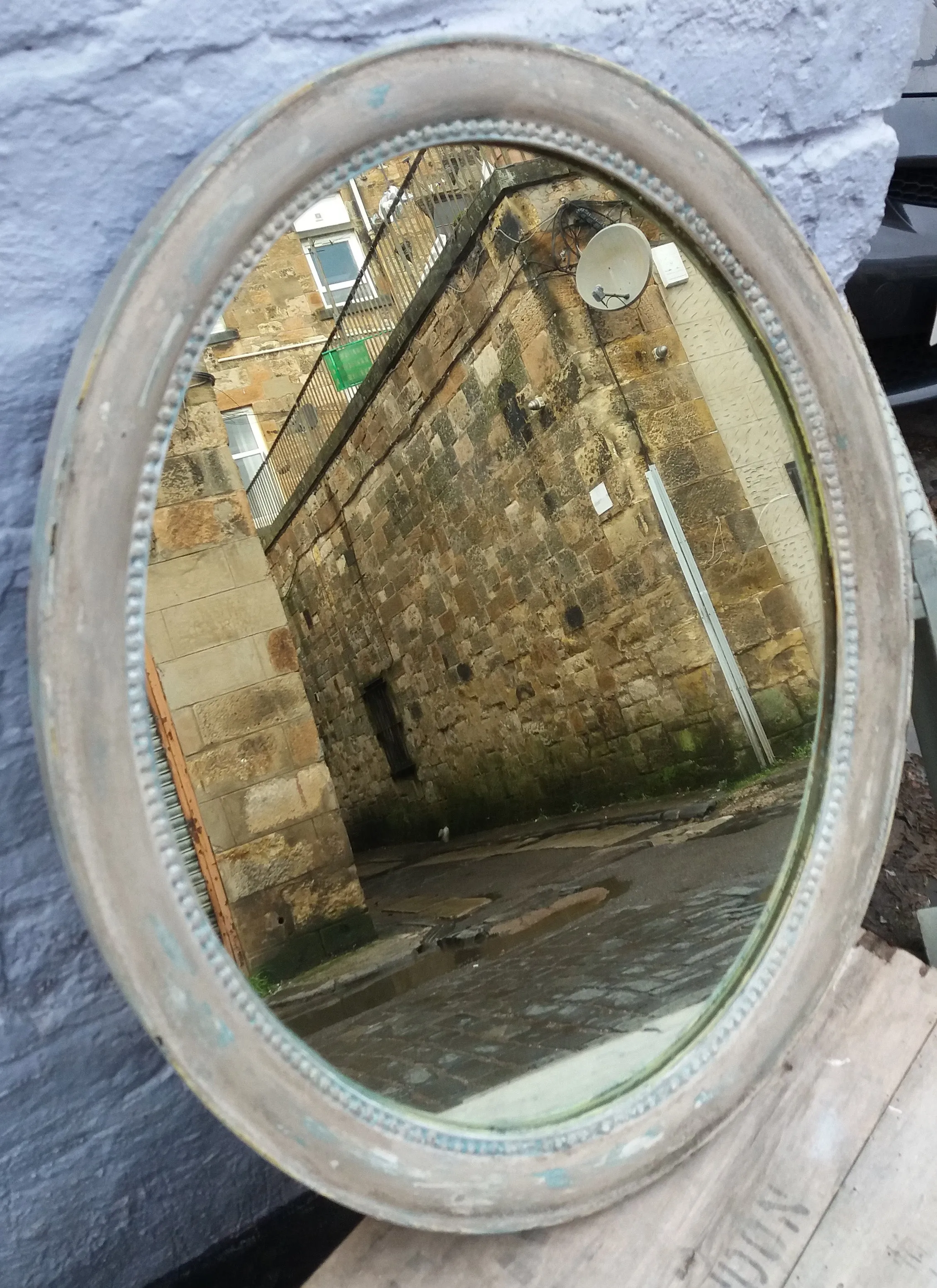 RESERVED Vintage oval mirror frame just finished in chippy layers of miss mustard seed milk paint.